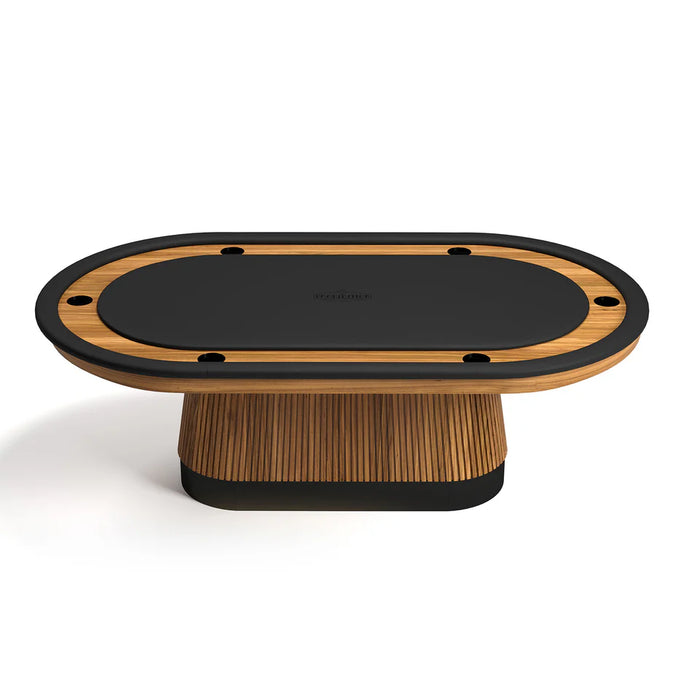 Wooden and black Texas Hold'em table on a white background