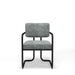 Gray upholstered chair with black metal frame on a white background