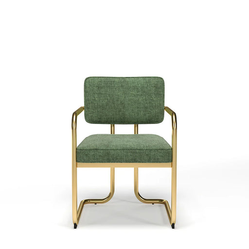 Green upholstered chair with gold frame on a white background