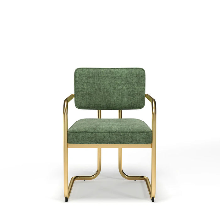 Green upholstered chair with gold frame on a white background