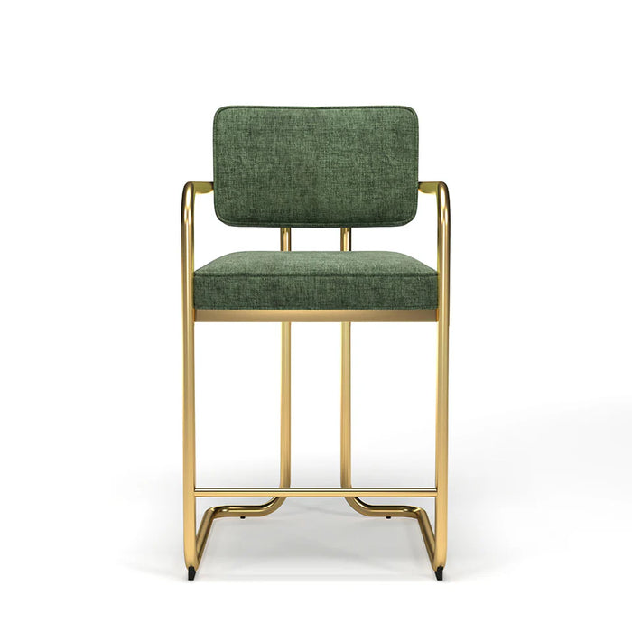 Green bar stool with gold frame on a white background