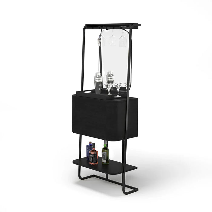 Black bar cart with glass top and shelves on a white background