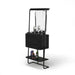 Black bar cart with glass top and shelves on a white background