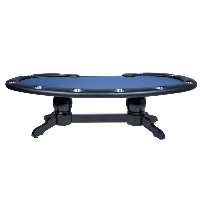 Poker table with blue playing surface and black legs on a white background