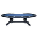 Poker table with blue playing surface and black legs on a white background