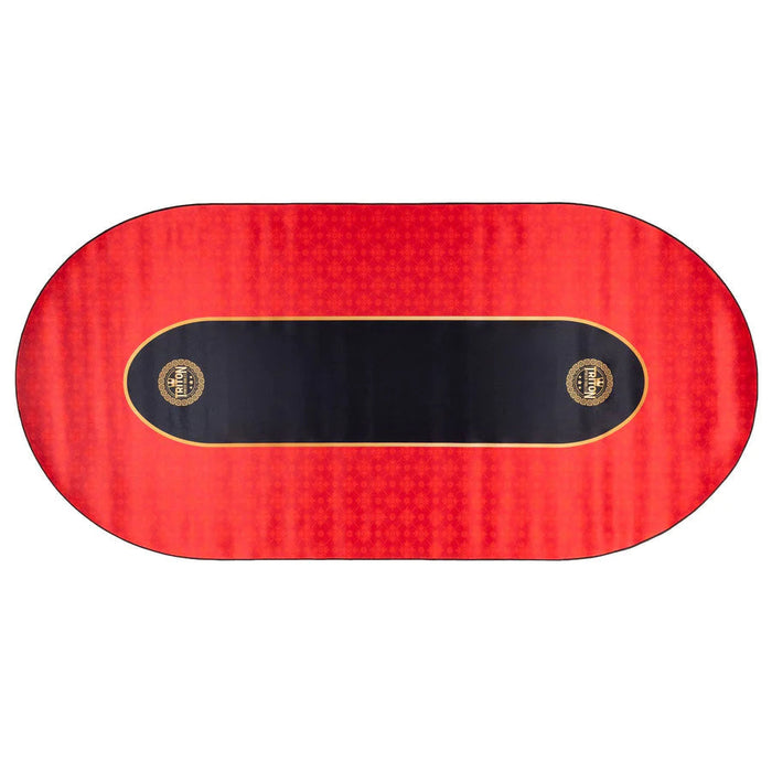 Red oval object with black center and gold accents on a white background