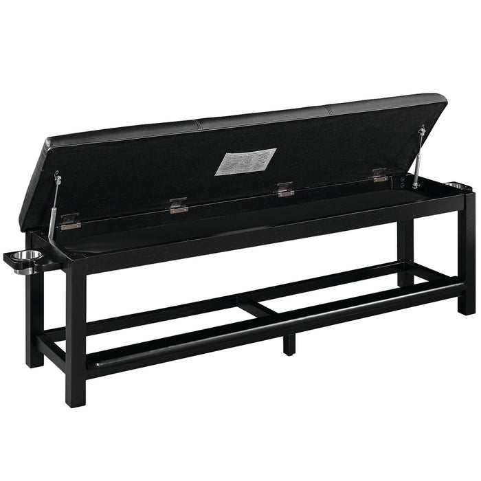 Black metal bench with a flat surface on a white background