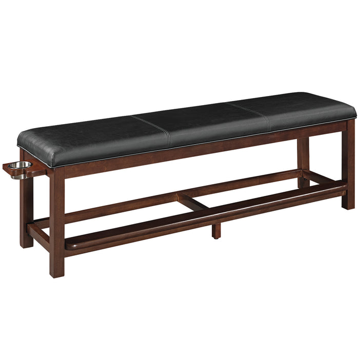 Long bench with black leather seat and wooden frame on a white background