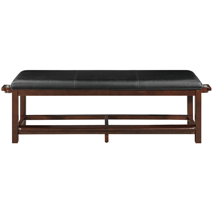 Black leather bench with wooden frame on a white background