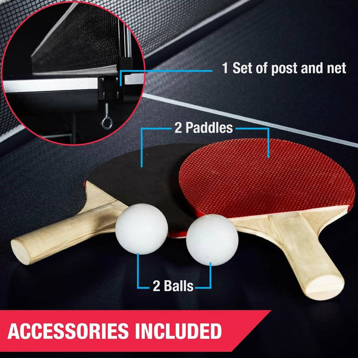 Table tennis set with paddles, balls, and post and net on a black table.