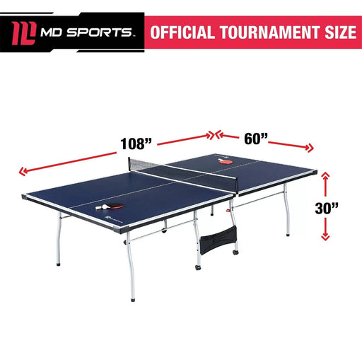 Table tennis table with dimensions labeled, featuring MD Sports logo.