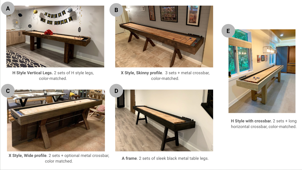 Comparison of different shuffleboard table styles with text labels.