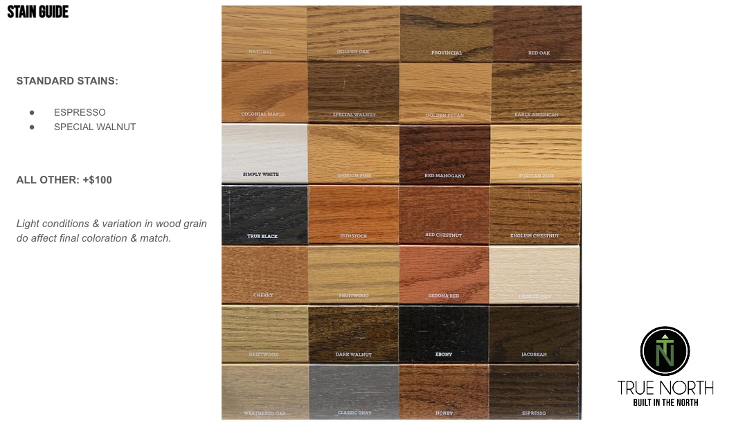 Wood stain color chart with various wood finishes on a white background