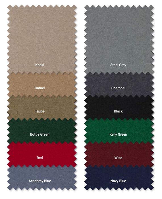 Fabric color swatches including Khaki, Steel Grey, Camel, Charcoal, Black, Bottle Green, Kelly Green, Red, Wine, Academy Blue, and Navy Blue.