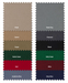 Fabric color swatches including Khaki, Steel Grey, Camel, Charcoal, Black, Bottle Green, Kelly Green, Red, Wine, Academy Blue, and Navy Blue.