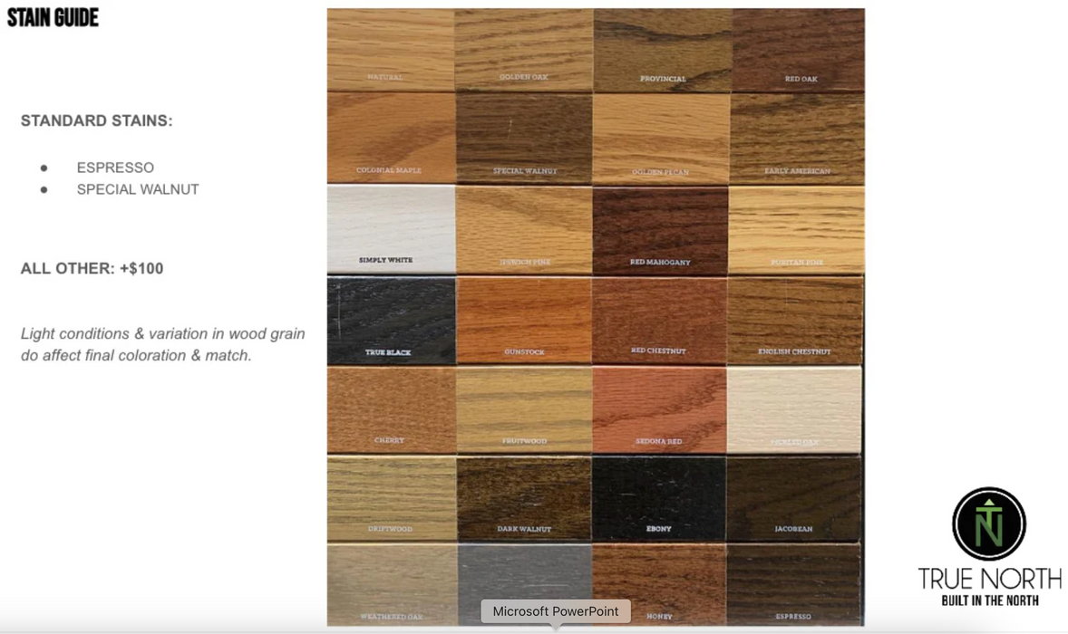 Wood stain color chart with various wood finishes on a white background