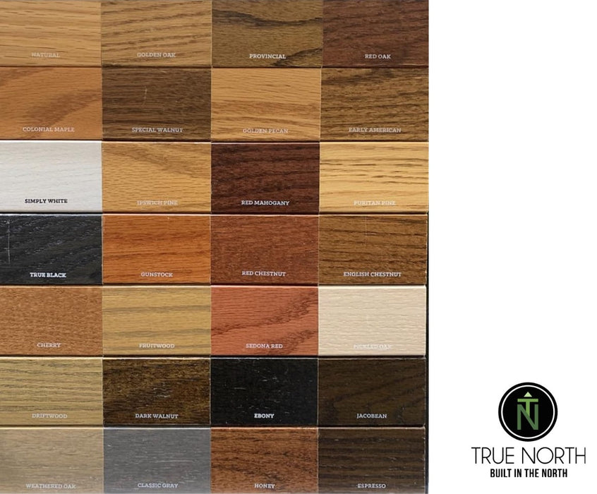 Wood color swatch chart with various wood finishes and 'True North' branding.