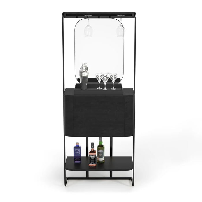 Black bar cart with bottles and glasses on a white background
