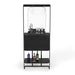 Black bar cart with bottles and glasses on a white background