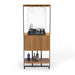 Wooden bar cart with glass top and shelves on a white background
