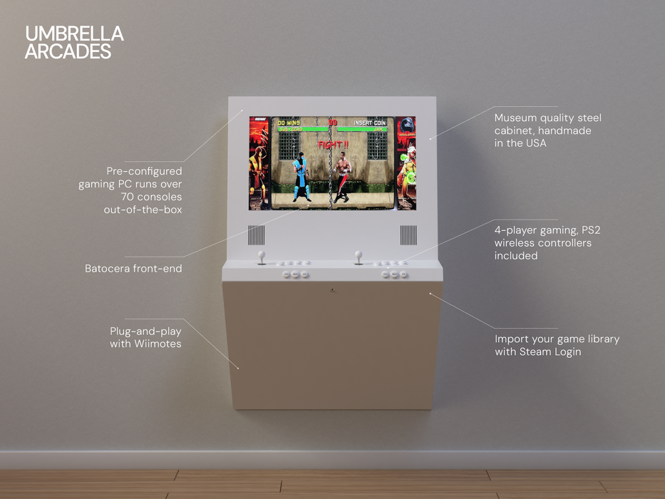 Umbrella Arcades gaming arcade cabinet with screen displaying a video game, on a gray wall.