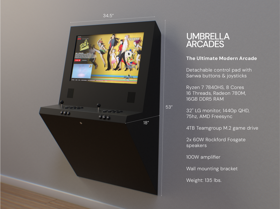 Umbrella Arcades gaming console with specifications on a gray wall.