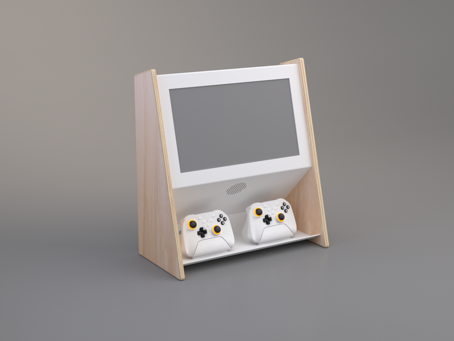 Small computer monitor with two white controllers on a gray background