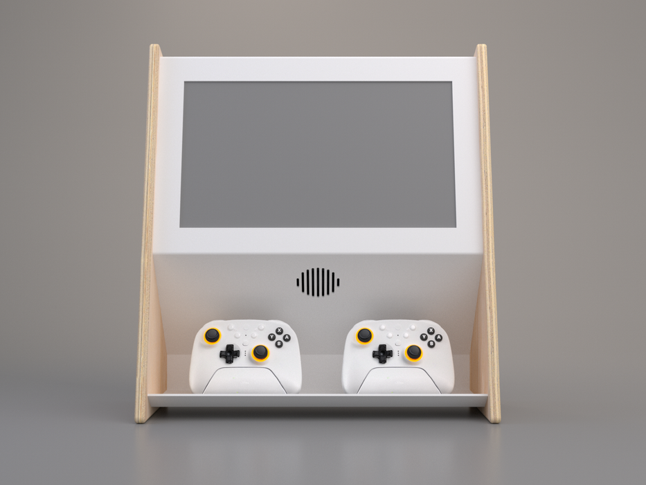 Small screen device with two white gaming controllers on a gray background