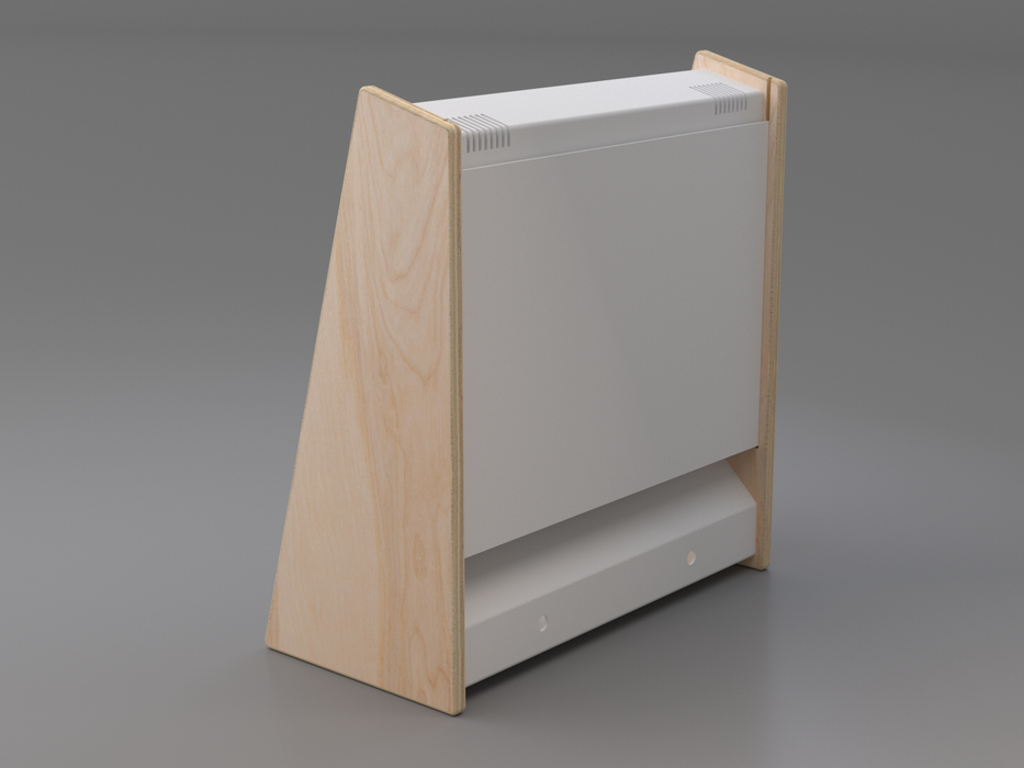 Modern radiator with wooden frame on a gray background