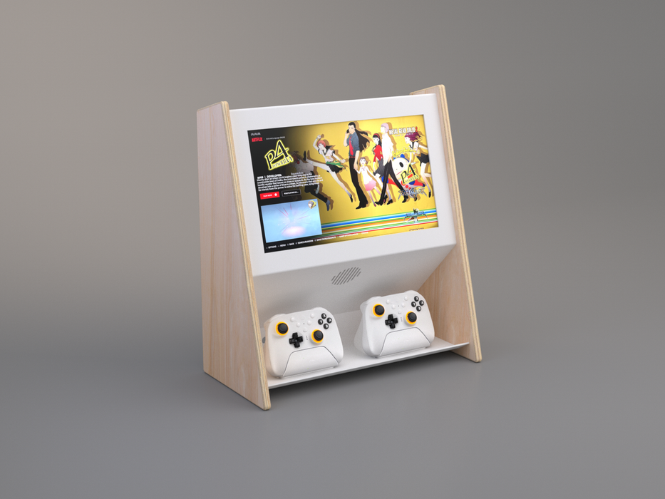 Small screen device with gaming controllers on a gray background