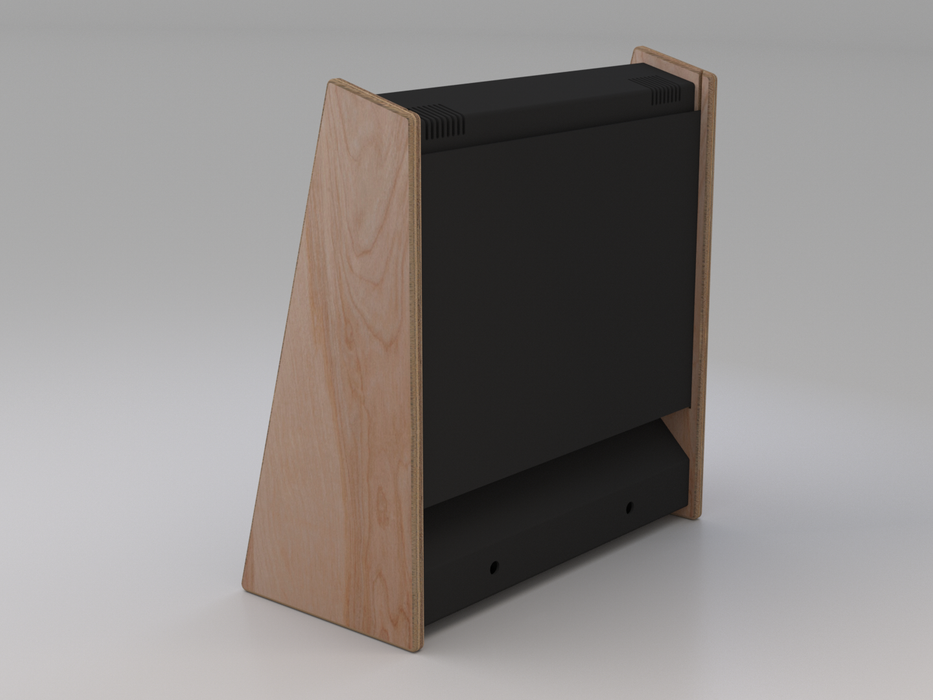 Black electronic device with wooden side panel on a gray background