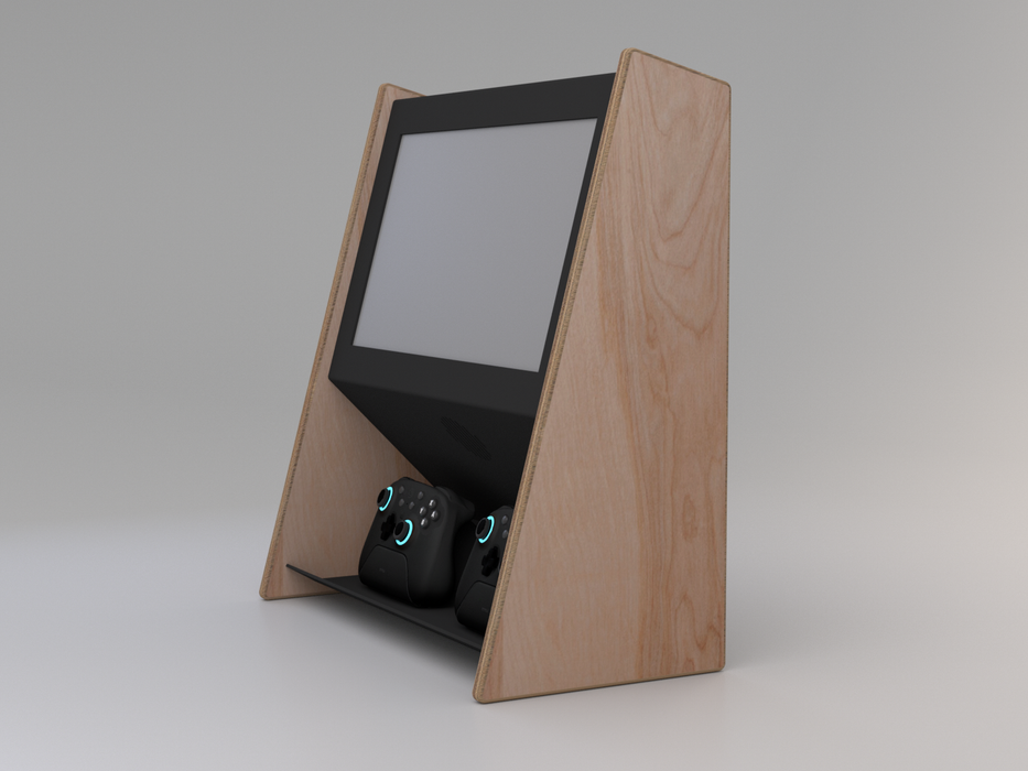 Modern electronic device with wooden frame on a gray background