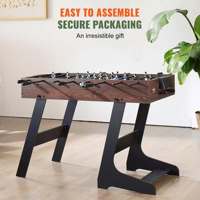 Foosball table with text about assembly and packaging on a light background