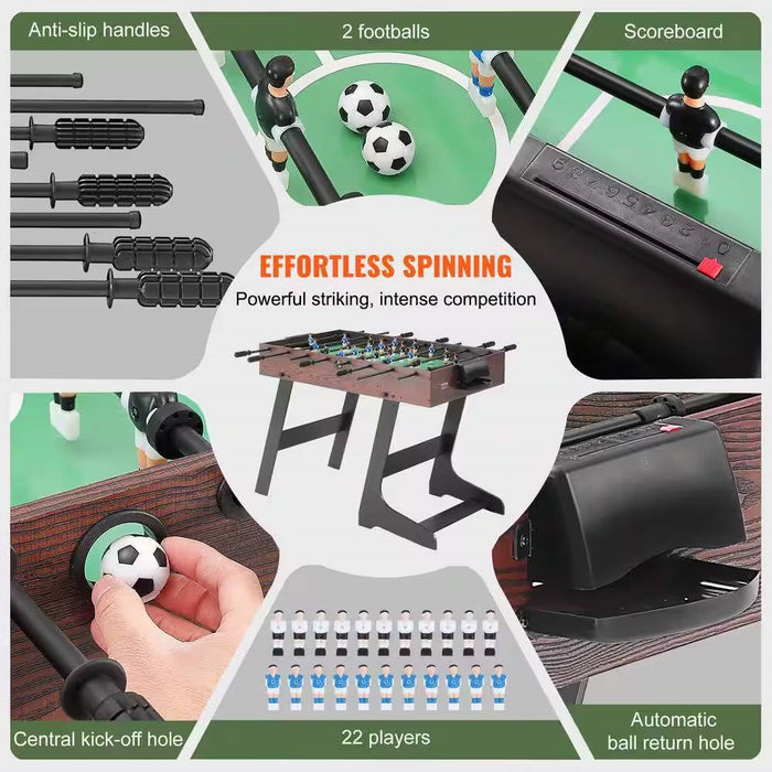 Collage of a foosball table with various features highlighted.