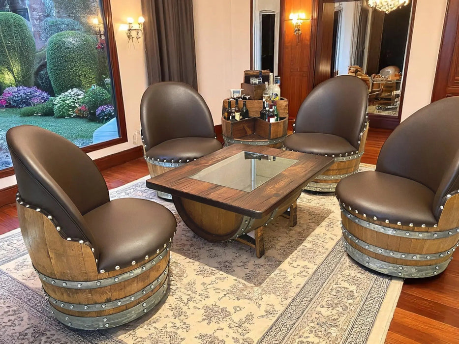 Wooden barrel chairs with leather seats in a stylish room.