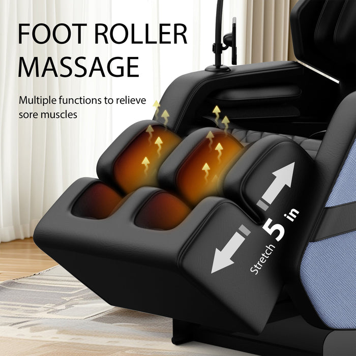 Foot roller massage device with text indicating multiple functions to relieve sore muscles.