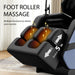 Foot roller massage device with text indicating multiple functions to relieve sore muscles.