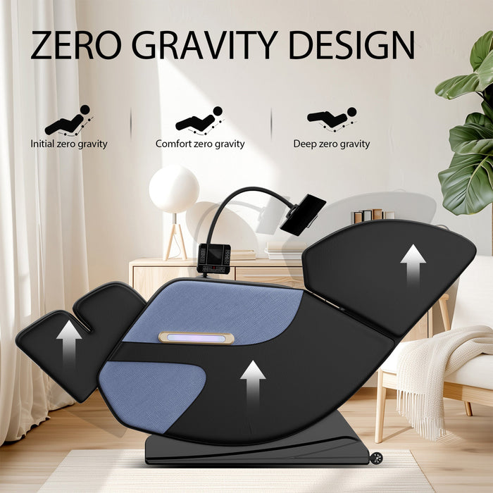 Zero gravity design massage chair in a home setting with text indicating different zero gravity positions.