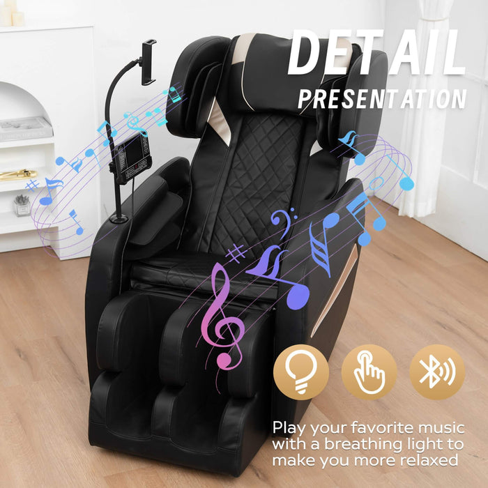 Black massage chair with music and light features in a room setting