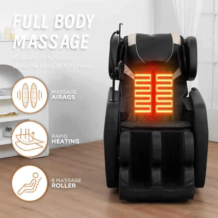 Massage chair with heated seat on a wooden floor, featuring text and icons about its functions.