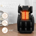 Massage chair with heated seat on a wooden floor, featuring text and icons about its functions.