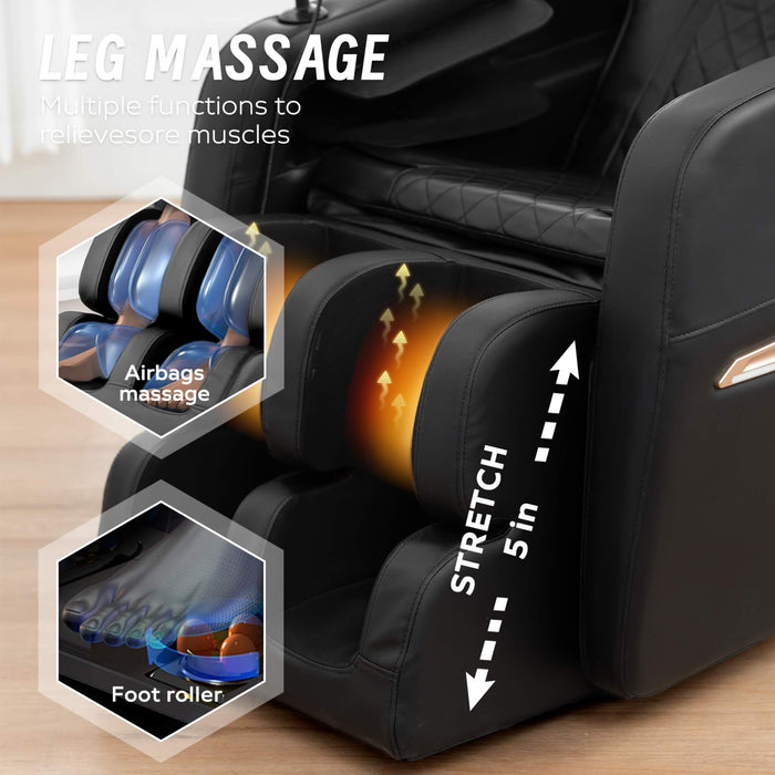 Massage chair with leg massage functions highlighted on a wooden floor.