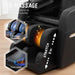 Massage chair with leg massage functions highlighted on a wooden floor.
