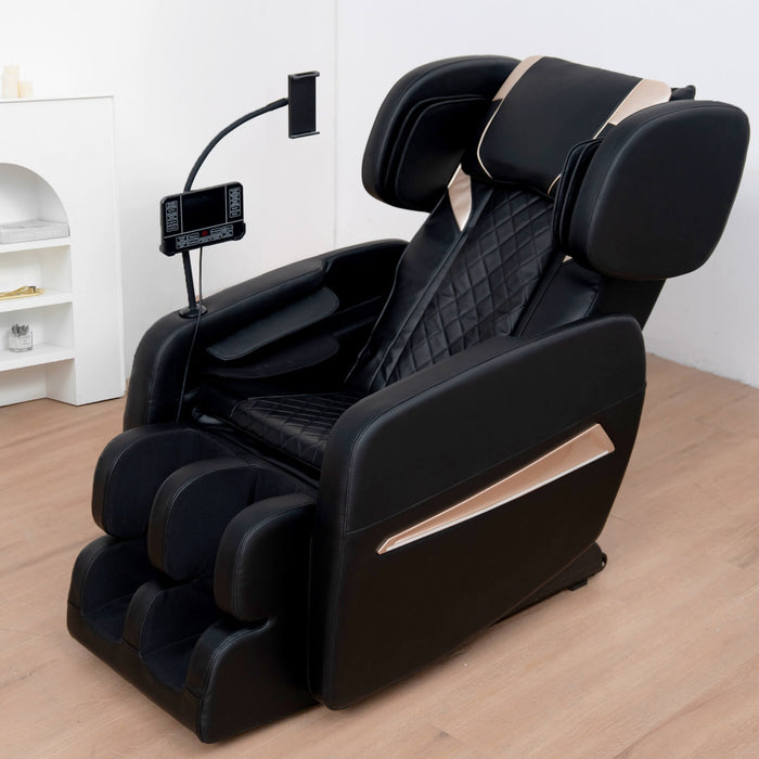 Black massage chair with control panel on a wooden floor