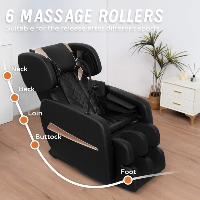 Massage chair with massage rollers labeled for different parts of the body in a room setting.