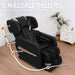 Massage chair with massage rollers labeled for different parts of the body in a room setting.