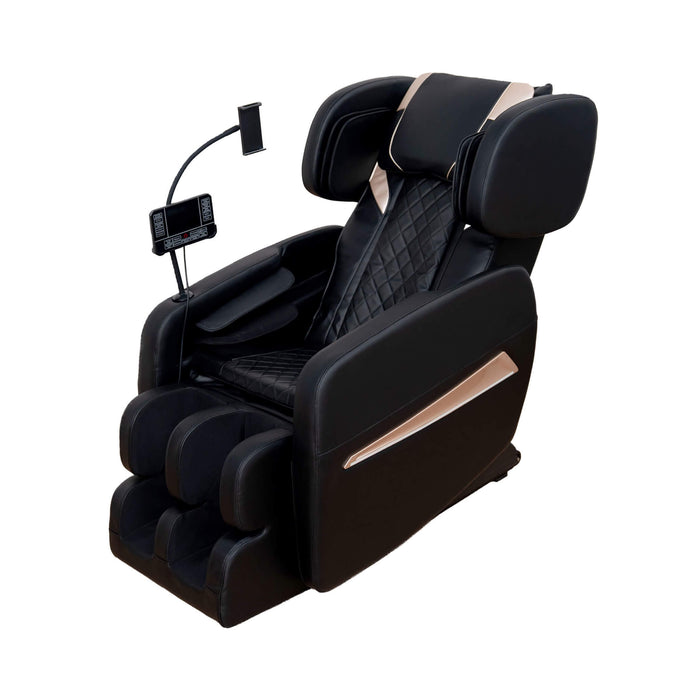 Black massage chair with armrest and headrest on a white background