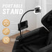 Portable stand with phone holder attached to a massage chair, featuring compatibility, stability, and adjustment features.