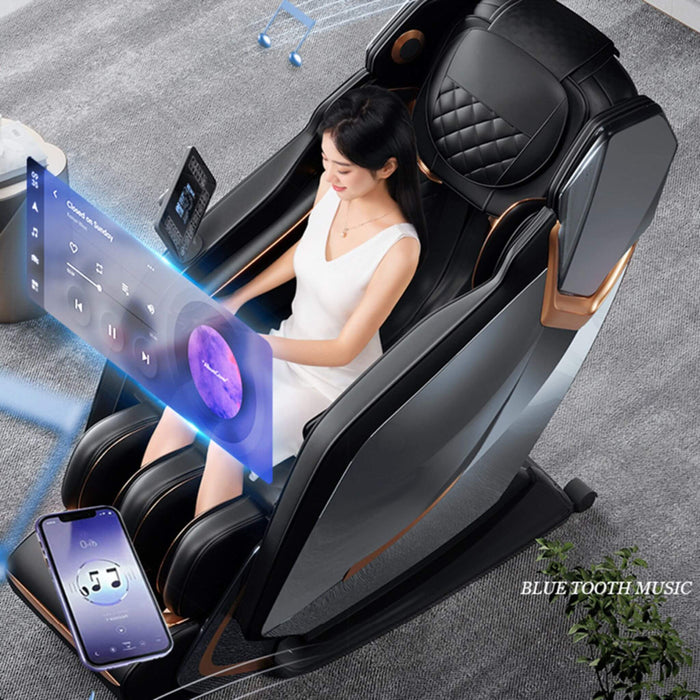 Woman using a massage chair with Bluetooth music display and smartphone on a gray floor.