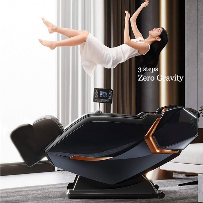 Zero gravity massage chair with a woman relaxing on it in a modern living room.